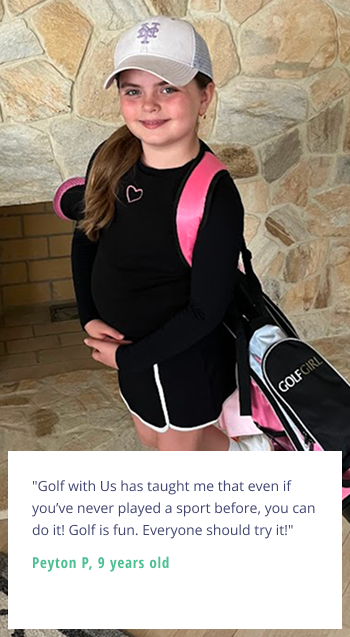 A youth golfer smiles with her golf bag over her shoulder