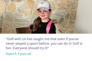 A youth golfer smiles with her golf bag over her shoulder